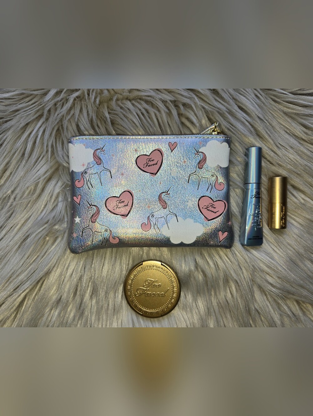 Too Faced Iridescent Silver Unicorn Survival Kit Pouch with Pink Accents